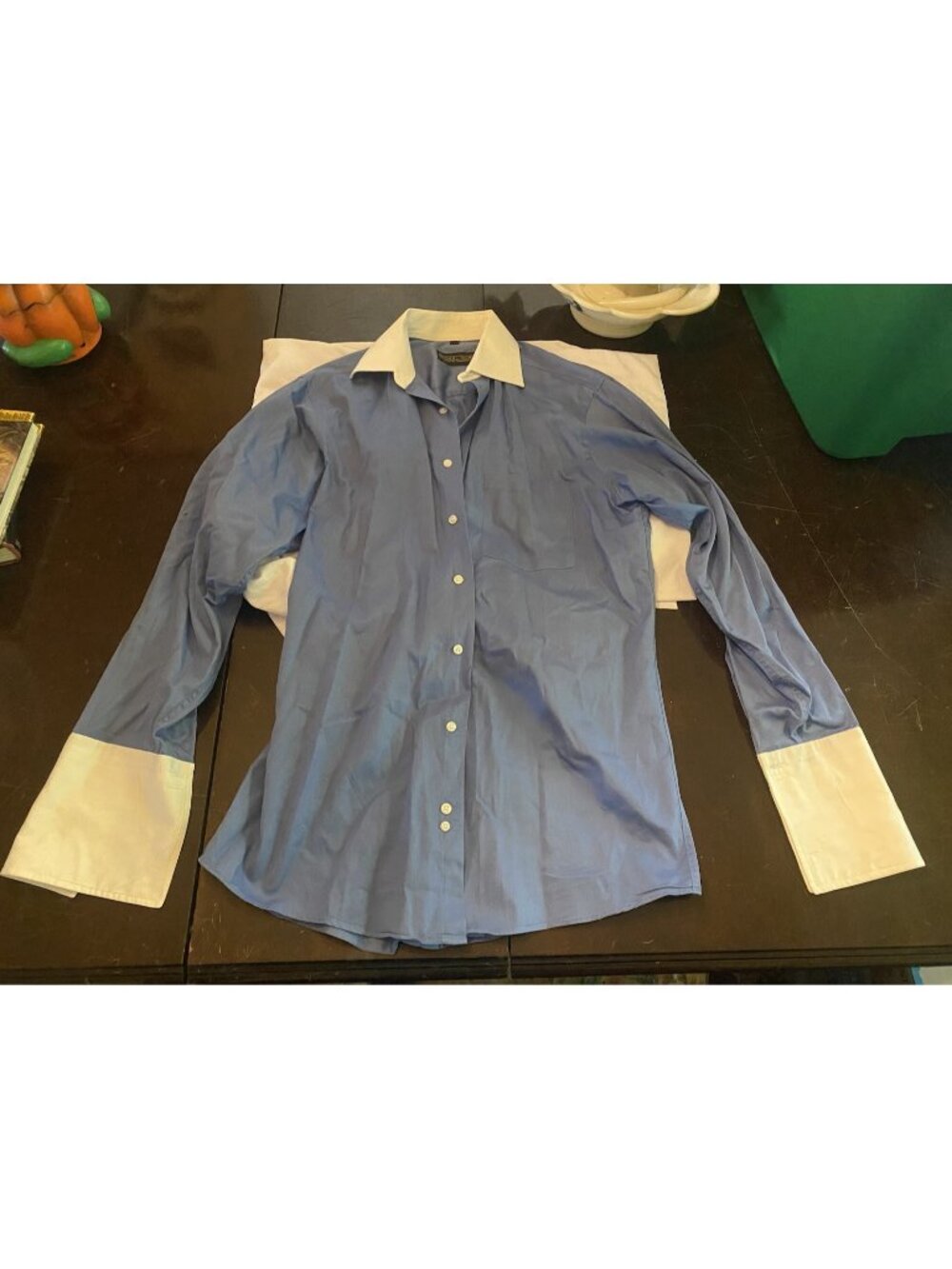 Donald J Trump Blue Button Shirt White Collar French Cuff Size 15 32/33 Medium M